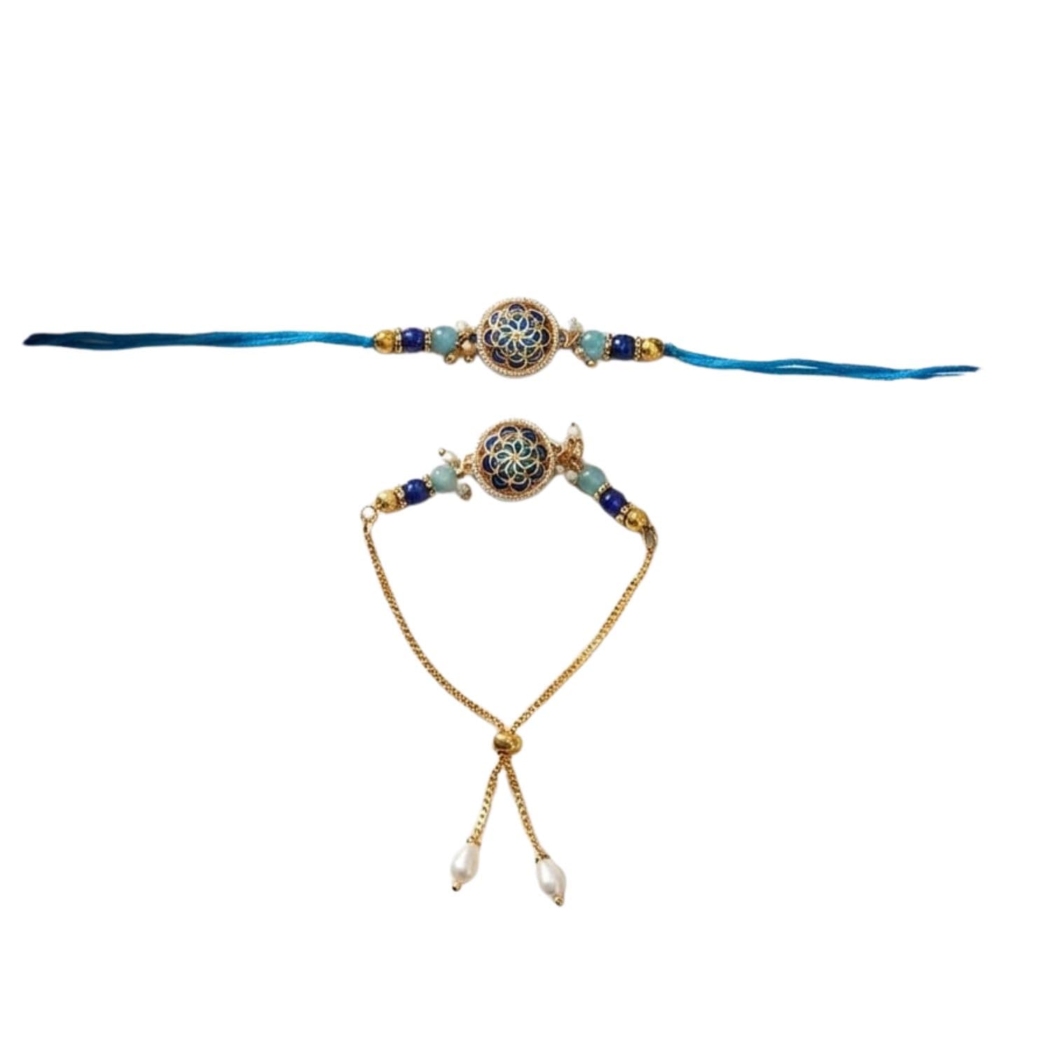 Decorative Blue Rakhi with Matching Chain Bracelet Premium Gift Set-image-34