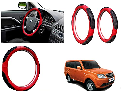 Image of Microfiber Car Steering Wheel Cover, Soft Padding Great Hand Feel, Anti-Slip, Faux Leather Steering Cover for Tata Grande Dicor | Black Red Jali - Pack of 1