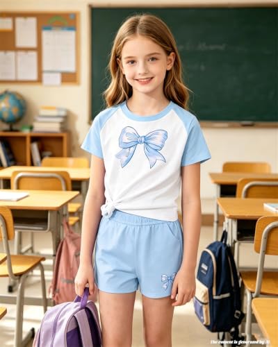 Image of Bestuline Girls Summer 2 Piece Outfits,Basic Short Sleeve Top & Shorts Set with Side Pockets,4-14Y