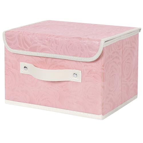 ANMINY Fabric Storage Bin with Lid Rose Print Storage Box Basket with PU Leather Handles Washable PP Plastic Board Decorative Foldable Lidded Shelf Cubes Closet Organizer Container – Pink, Small Size