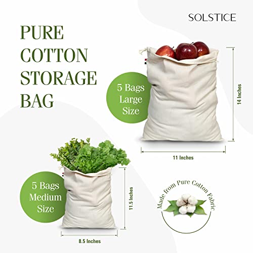 Image of SOLSTICE Cotton Muslin Fridge Storage Bags for Vegetables and Fruits Kitchen | Washable, Reusable, Multipurpose Storage and Straining bags - Set of 10 ( 5 large, 5 medium )