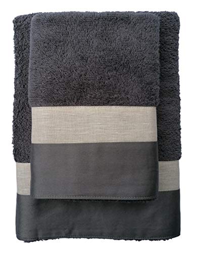 Prodotto artigianale toscano. RICAMI FIORENTINI BALDI Set Asciugamani con Balza Lino e Raso, Spugna di Cotone 100%, 2 Pezzi: Viso+ ospite. Idea Regalo. Prodotto Artigianale Toscano (2 Pezzi, Siena, Grigio)