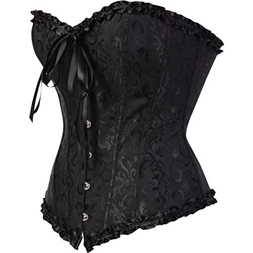 Women's Lacing Corset Top Satin Floral Boned Overbust Body Shaper Bustier Black S #TOP2