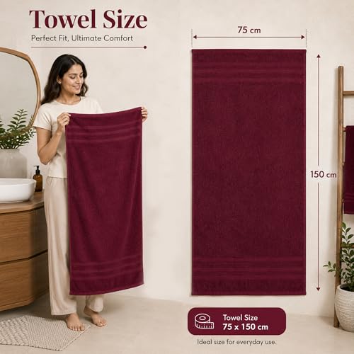 Image of Divine Casa 100% Cotton Bath Towel Set of 2, 550 GSM Ultra Soft Highly Absorbent Thick Towels, Large 75 x 150 cm, Maroon & Green Combo