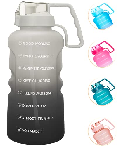 Enerbone Large 1 Gallon  128 OZ Motivational Water Bottle with Time Marker & Straw, Leakproof BPA & Toxic Free Water Jug with Handle for Fitness, Gym and Outdoor Sports (Grey-Black)