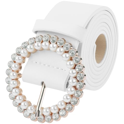 Elerevyo Women's Belt Rhinestones Pearl Buckle Fashion Sweet Belts for Dresses Pants 106x3.5cm/41.7x1.4 White