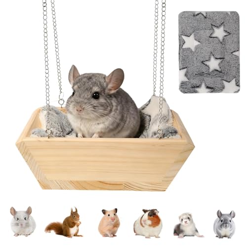 Large Wooden Hanging Bed with Soft Plush Mat for Chinchilla Hammock for Rat Cage Guinea Pig Ferret Swing Small Animal Cage Accessories Resting Nest