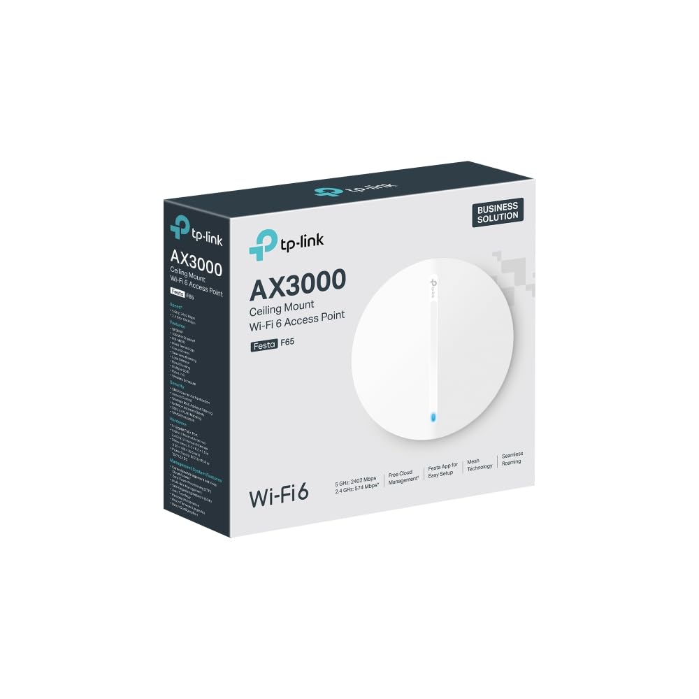 TP-Link Festa F65, AX3000Mbps, 1 porta Gigabit, Festa Mesh, Roaming senza soluzione di continuità, MU-MIMO, connessione a 250 dispositivi, gestione cloud gratuita, supporta PoE+, dual band Wi-Fi 6