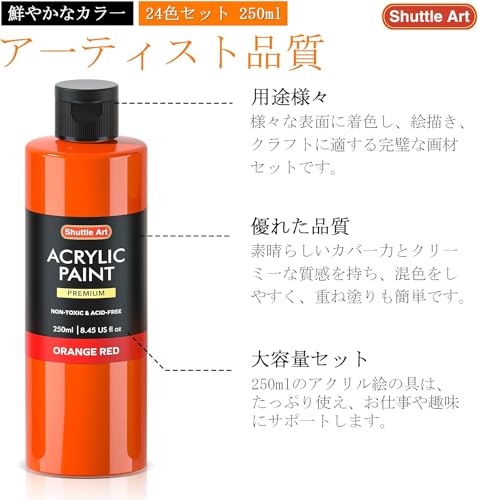 Shuttle Art Acrylic Paint 24 Colors 250ml Large Capacity Paint Set Non-toxic Fast Drying Water Resistant Durable Good Flow Bright Bottles for Canvas/Rocks/Wood/Ceramic/Wall Art Supplies Illustration