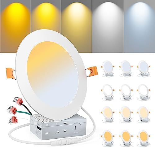 Miootly Recessed Lighting 6 Inch Ultra-Thin LED Ceiling Light Fixture with Metal Junction Box, 2700K/3000K/3500K/4000K/5000K Selectable, 12W 1050LM, Dimmable - Sleek, Modern Design, 12-Pack
