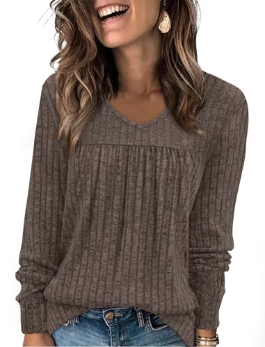 WIHOLL Fall Outfits for Women 2025 Lightweight Sweaters Winter Clothing Early Fall Fashion Dressy Casual Womens Long Sleeve Shirts School Outfits for Teachers Boho Tops Chocolate Brown Fall Clothes XL