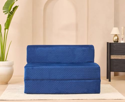 Image of uberlyfe Xtra High, Xtra Soft 2 Seater (4' x 6') Sofa Cum Bed | 1 Year Warranty | 17 inch Sofa Height | Twin Size Foldable Bed | Plush Laser Quilted Fabric | Deep Blue Color