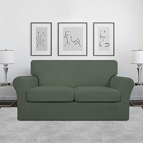 Image of Easy-Going 3 Pieces Stretch Soft Couch Cover for Dogs - Washable Sofa Slipcover for 2 Separate Cushion Couch - Elastic Furniture Protector for Pets, Kids (Loveseat, Greyish Green, Medium) | Sofa Slipcover for Stretch 2 Separate Sectional Cushion Couch - Furniture Protector for Pets, Kids Greyish Green