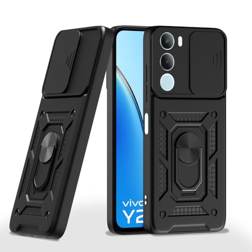 Image of Pikkme Back Cover for Vivo Y29 5G / Vivo Y19s 5G | 360 Protection Case | Sliding Camera Shield Cover & Ring Holder Stand D10 Tough Armor Bumper Case (Black)