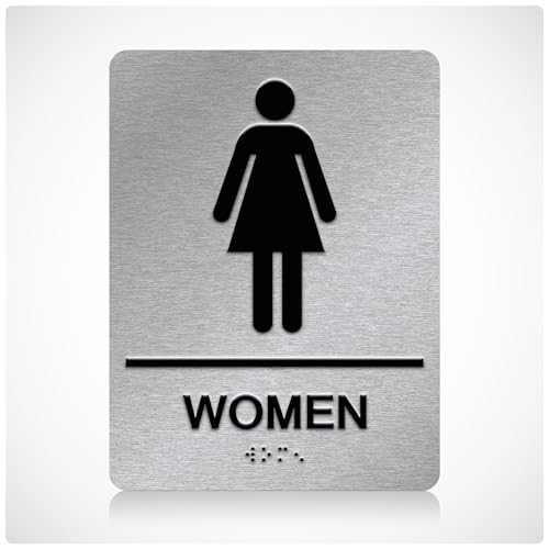 ADA Braille Womens Restroom Sign for Business with Double Sided 3M Tape - Aluminum Womens Bathroom Sign 6” x 8” for Offices and Restaurants