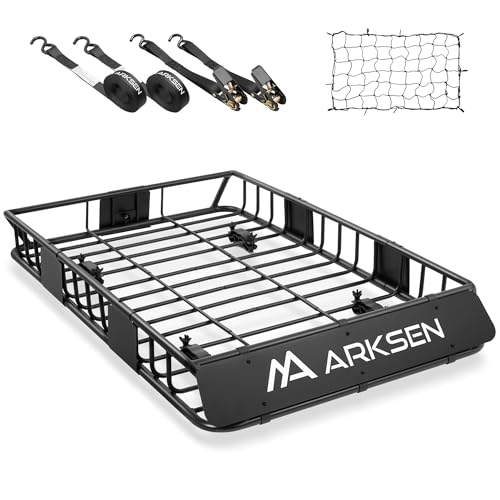 ARKSEN 54 x 34 x 6 Inch Universal Roof Rack with Extension, Cargo Net, 2 Straps, 150 LBS Heavy Duty Capacity Rooftop Cargo Basket for SUV, Truck, RV,