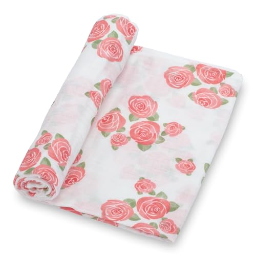 Image of LollyBanks Muslin Swaddle Blankets for Girls, Large 47 x 47 Inches Soft Swaddles for Newborns, Breathable and Lightweight 100% Cotton Baby Blanket, Baby Essentials, Registry (Rose Print)