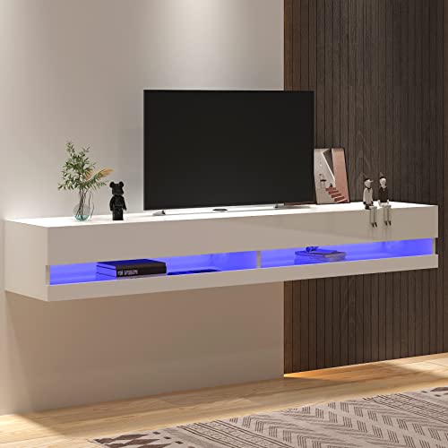St.mandyu Floating Tv Stand For Tvs Up To 85 Inch, 71’’ Modern High Gloss Entertainment Center With Led Lights And Power Outlets, Wall Mounted Media Console Hanging Tv Shelf For Living Bedroom,White #TOP6