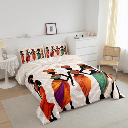 Image of Feelyou African Woman Ethnic Comforter Set King Size Boys Bedding | Adults Afro Traditional Exotic Soft Duvet Set Warm Cozy Breathable Lightweight All Season