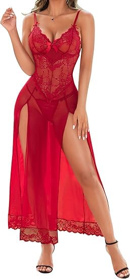 RSLOVE Women Lingerie Babydoll Sexy Nightgown Lace Chemise Exotic Sleepwear Nighty - Small - Wine Red