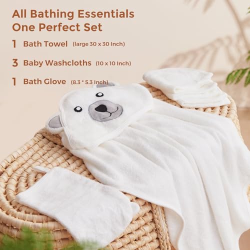 Miniatura 7 de Momcozy Bambú Juego De Toallas De Baño Para Bebé, Toalla Bebe Capucha 1 Pieza, Toalla Bebe 3 Piezas, Guante De Baño Para Bebé 1 Pieza, Suave, Transpirable, Adecuado Para Niñas Y Niños