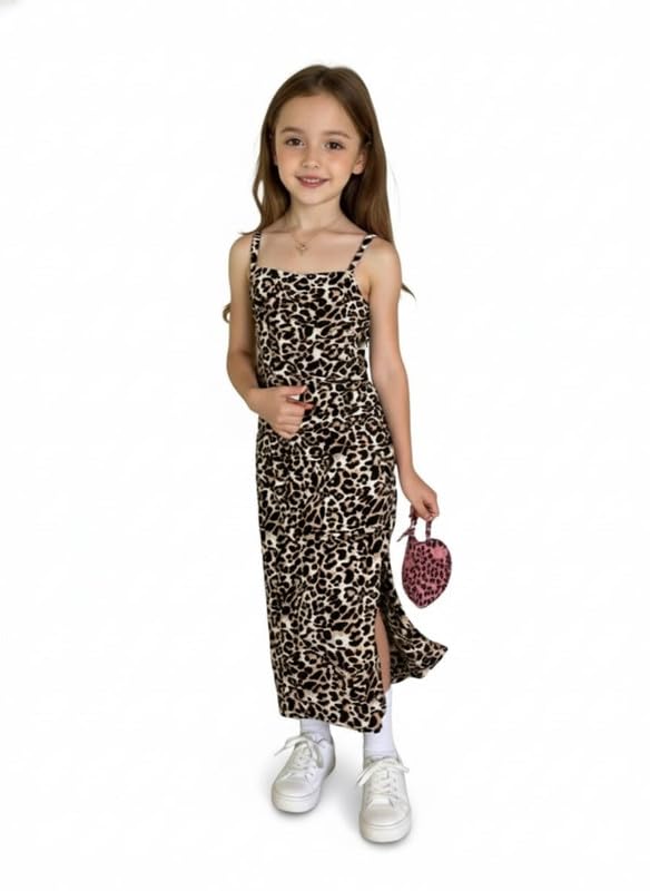 Image of Niren Enterprise Black Leopard Printed Midi Sleeveless Square Neck Stylish Girls Party Dress