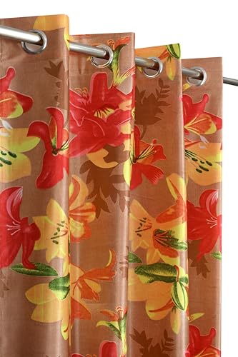 Image of Digital Printed Big Flower Eyelet Polyester Curtains - Red, 7 Feet, Pack of 2