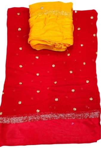 Image of Pure Georgette Sequence Work Saree with Contrast Blouse, Satan Patta Fabric