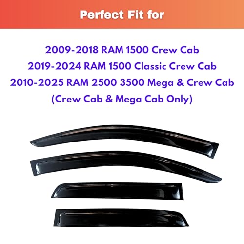 Image of KPY Rain Guards Fit for 2009-2018 RAM 1500 Crew Cab, Out-Channel Window Visors Vent Deflectors 4PC, Truck Accessories for 2019-2024 RAM 1500 Classic, 2010-2025 RAM 2500 3500 (Mega & Crew Cab)