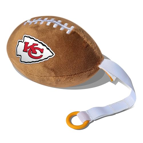 Image of Kansas City Chiefs Plush Football Pacifier Holder by Smilo - Officially Licensed NFL Soother Holder - Soft Plush Toy and Dummy Holder - Fits Any Pacifier - Stroller Accessory & Newborn Essential