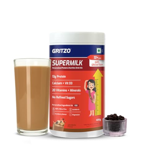 Image of Gritzo SuperMilk Growth+ (13+y Girls), 13g Protein Powder (Cafe Mocha, 400g) | Zero Refined Sugar, 20 Vitamins & Minerals