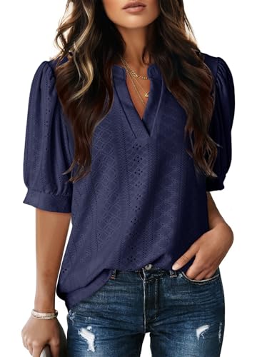 Image of Dokotoo Womens Blouses V Neck Puff Short Sleeve Business Casual Tops