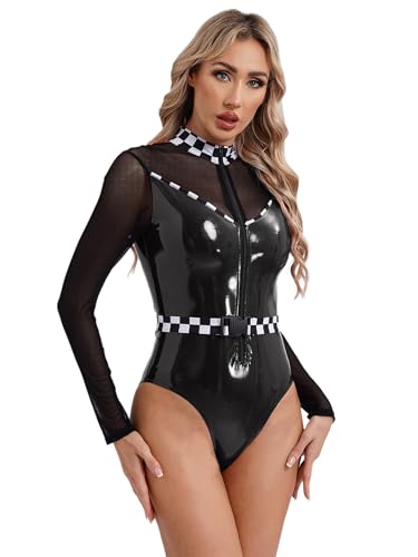Image of Rswnyirn Women Speed Race Car Driver Bodysuit Zippy Patent Leather Romper Jumpsuit Fancy Dress Leotard Black XL