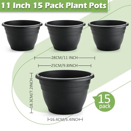 Image of RooTrimmer 15 Pack 11 Inch Plant Pots with Drainage Holes,Black Plastic Flower Pots with Hanging Holes,Durable Planters for Indoor & Outdoor Plants,Nursery Pots