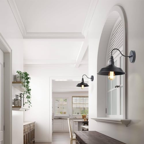 Image of LALUZ Farmhouse Black Wall Sconces, Modern Industrial Barn Gooseneck Wall Mount Light Fixture Lighting for Bedroom, Kitchen, Living Room, Bathroom, and Hallway