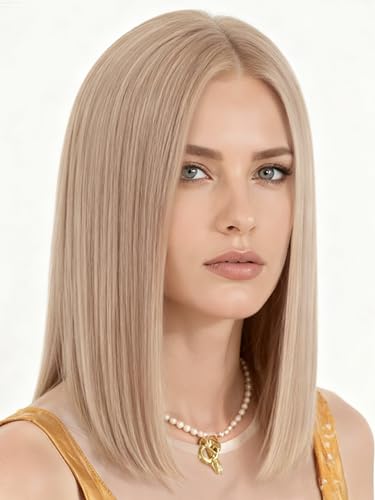 Image of 5x6 HD Swiss Lace Front Wig for White Women, Gray Blonde Straight Remy Human Hair Bob Wig, 100% Hand Tied Technique (16 Inch)