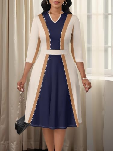 Image of PinkPatty Women's Casual A-line Midi Dresses 3 /4 Sleeve V Neck Fit and Flare Dress with Pockets