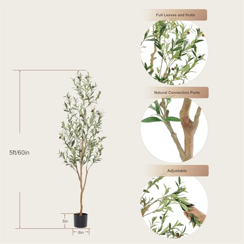 Image of Bellacat Faux Olive Tree 5ft,Olive Trees Artificial Indoor with Natural Wood Trunk and Realistic Leaves and Fruits. 5 Feet(60in) Fake Olive Tree for Home House Office Decor.