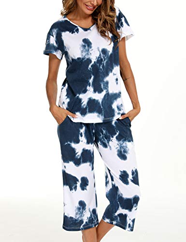 ENJOYNIGHT Women's Tie Dye Pajamas Sets Lounge Short Sleeve Top with Capri Pants Sleepwear 2 Piece Set4
