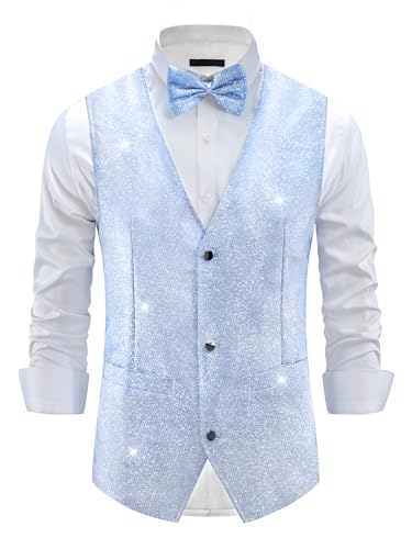 Lars Amadeus Christmas Metallic Vest for Men's Disco Sparkly Waistcoat Sleeveless Glitter Waistcoat