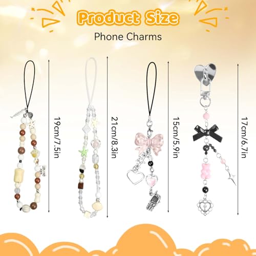 Molirex 4 Pcs Phone Charm Y2K Phone Charms Strap Cute Butterfly Bow Star Heart Beaded Charm Wrist Straps Cellphone Accessories for Bag Keychain Camera Decor — view 2