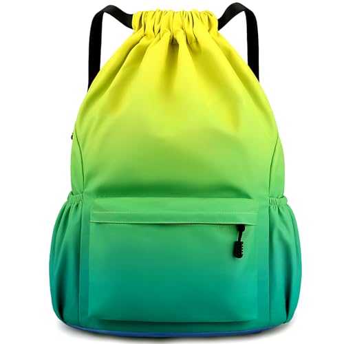Tesmien Drawstring Bags,Waterproof Swimming Bags Unisex Sports Backpacks for Kids Adult, Large Drawstring Sackpacks Bags for School Gym Sports Travel Swimming-Yellow Green