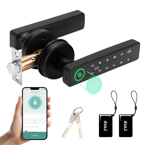 Fulgutonit Smart Door Lock 5-in-1 Fingerprint Door Lock Handle, Bluetooth Fingerprint Password Cards Key Unlock, Anti-Peeping Auto Lock Waterproof Smart Lock for Home Hotel Office, for Left Right Door