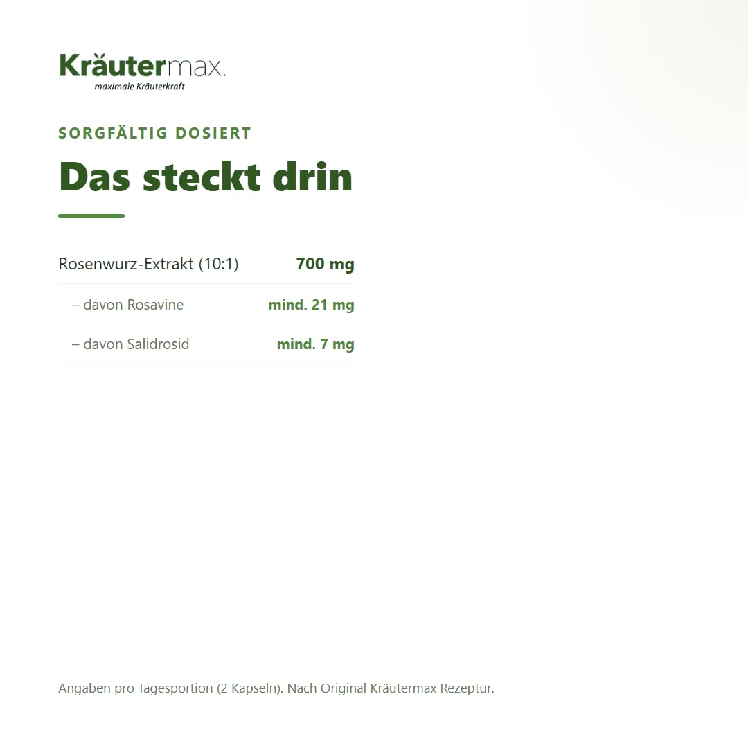 Kräutermax Rosenwurz Kapseln Hochdosiert, Rhodiola Rosea Nahrungsergänzung mit 700 mg Extrakt, Vegan, 100 Stück