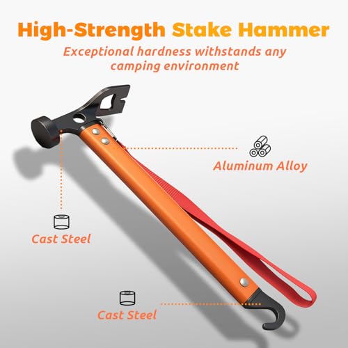 Martillo de Camping de Aluminio, Martillo 3 en 1 para Estacas de Tienda con Extractor y Abrebotellas 12" Multiherramienta Ligera para Camping, Senderismo y Mochilero (Naranja) miniatura 3