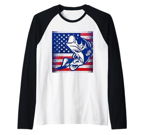 Bandera americana de pesca de lubina vintage pescador pescador papá papá Camiseta Manga Raglan