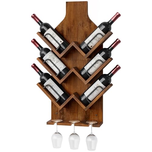 Image of Hoctieon Wine Rack Wall Mounted, 6 Bottles Wood Wine Rack for Display and Storage, Hanging Bottle Holder Bar Shelves for Living Room, Kitchen, Dining Room, Wine Cellar, Rustic Brown