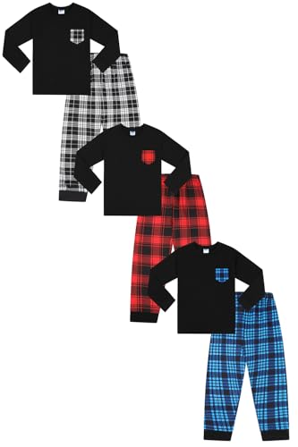 ThePyjamaFactory Boys Black and White Black and Red Black and Blue Check Pocket 3 Pack Long Pyjamas PJs For Kids (14-15 Years)