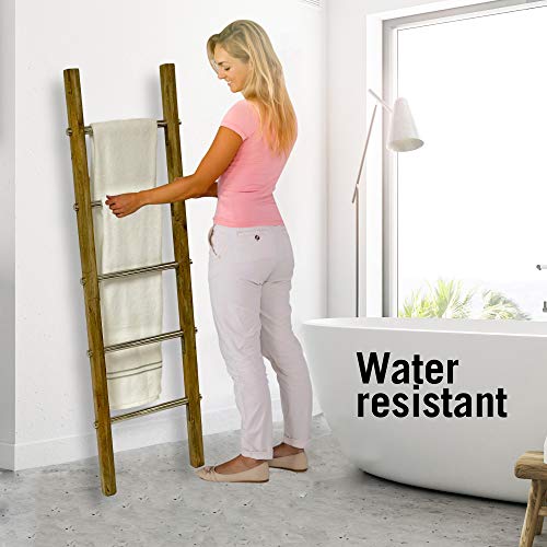 Towel Ladder for Bathroom in Modern Farmhouse Style | Handcrafted 5 ft Wooden Ladder with Stainless Steel Metal Rungs | Use as Blanket Rack - Quilt Ladder - Decorative Leaning Ladder