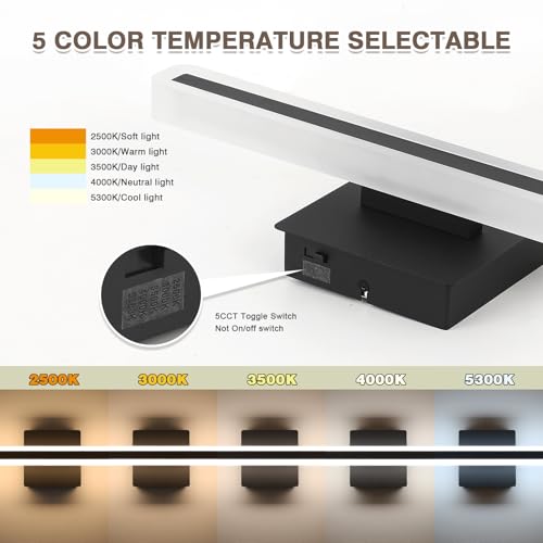 Image of LED Modern Bathroom Vanity Light 15.7 inch 16W Dimmable 5CCT Led Bathroom Light Fixture Over Mirror, Black Bar for Mirror Restroom-ETL Certificated
